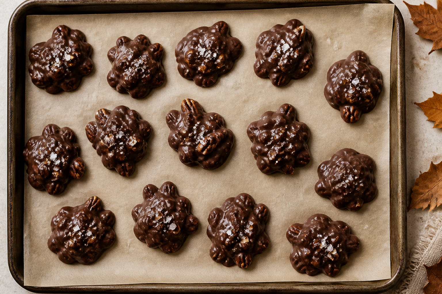 Formed salted maple pecan dark chocolate clusters on a lined tray with flaky sea salt