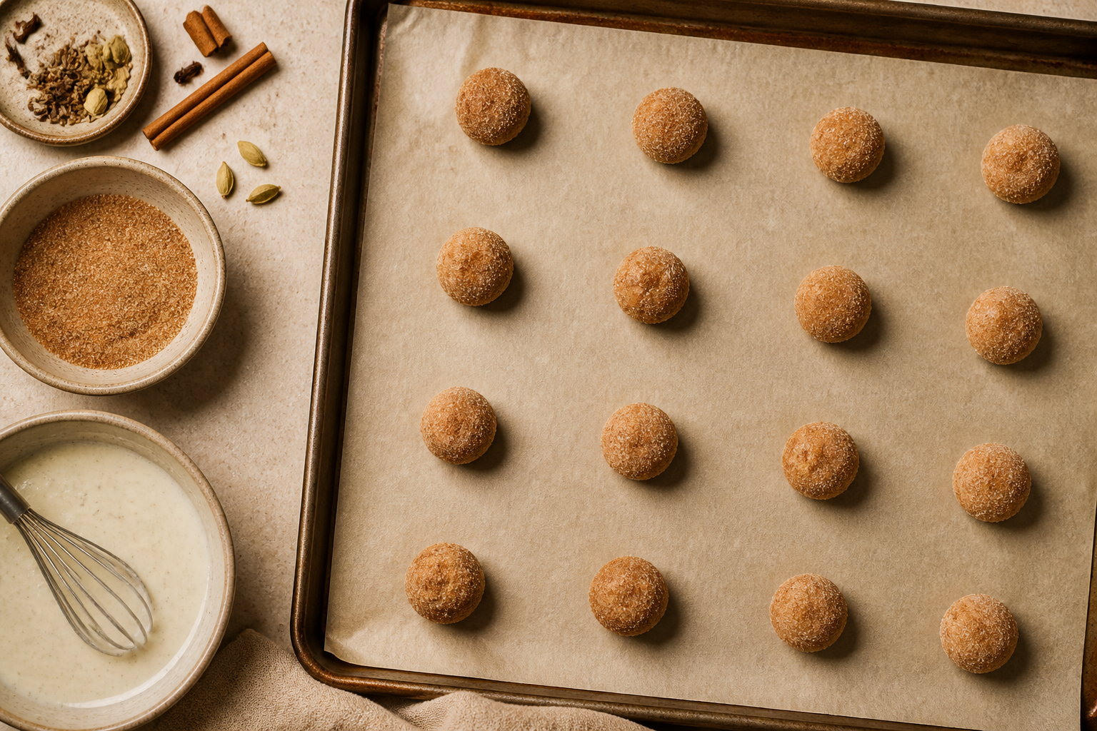 Rolled chai snickerdoodle dough balls coated in spiced sugar on parchment, ready for chilling/baking