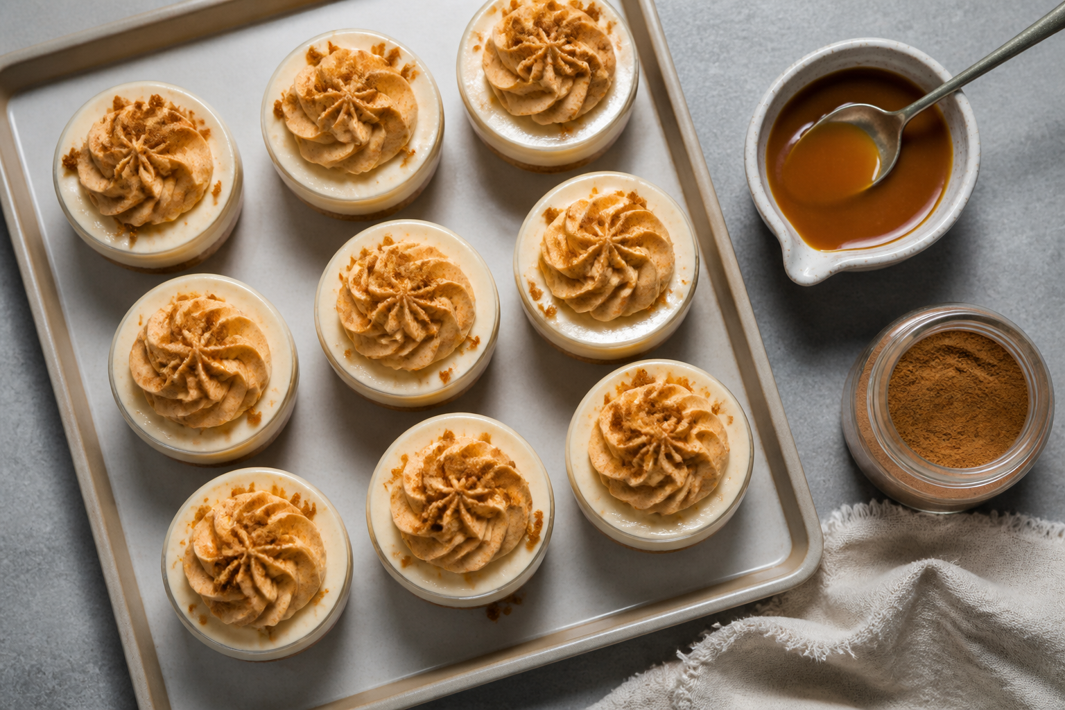 Top-down tray view of several cheesecake cups with caramel drizzle accents