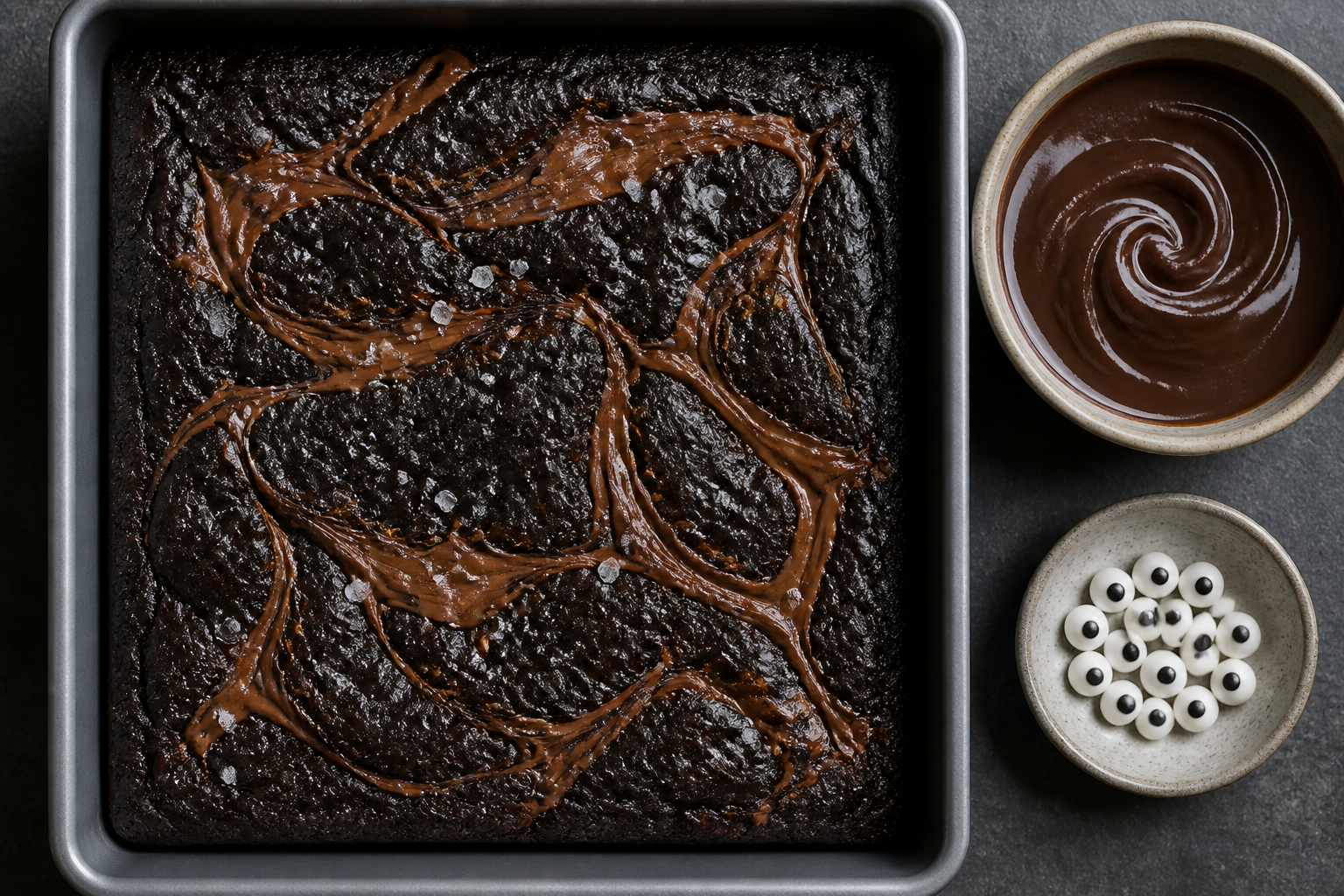 Baked black cocoa brownies showing caramel swirl, ready for cat-face assembly