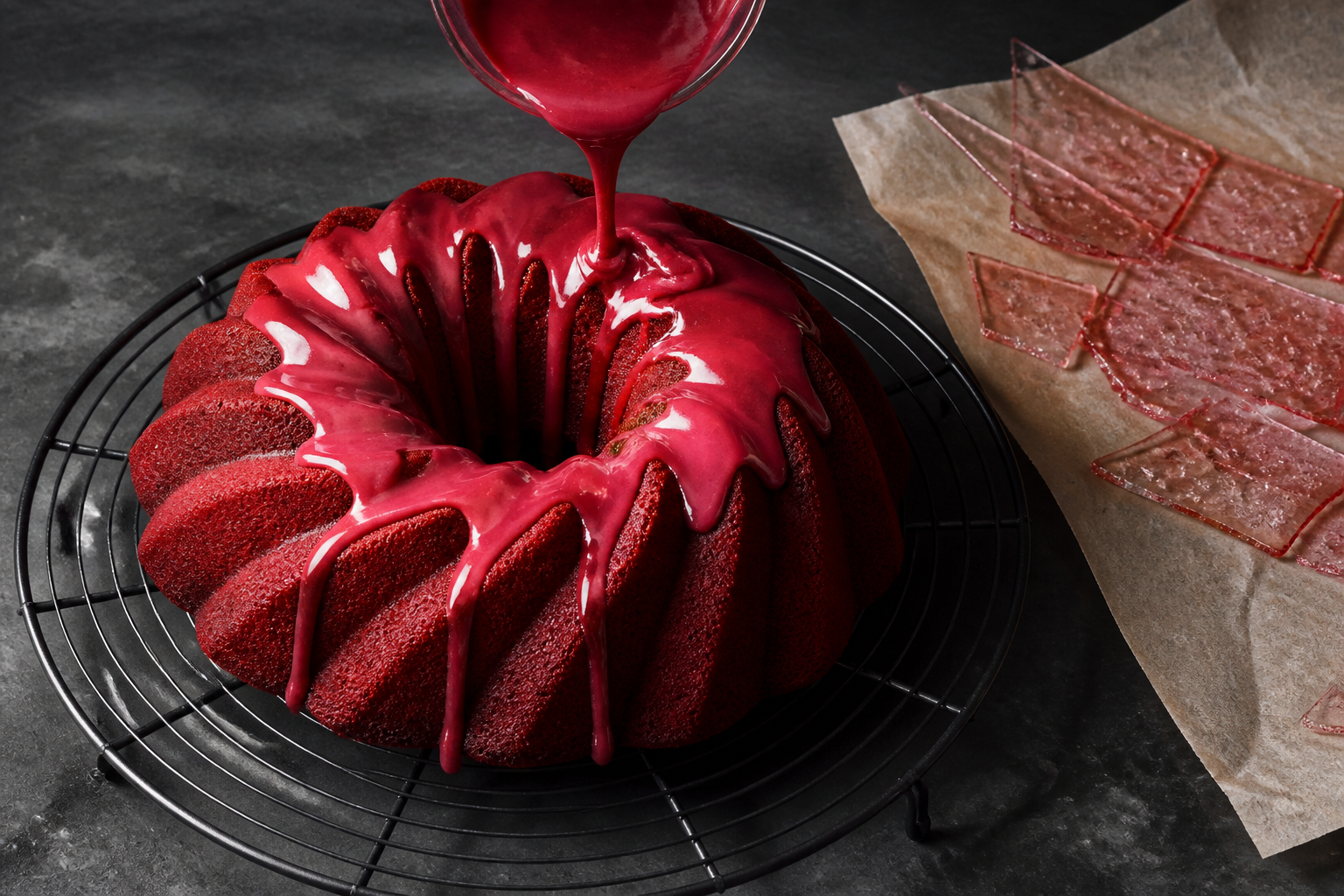 Pouring raspberry drip onto the ridged Bundt before shard placement