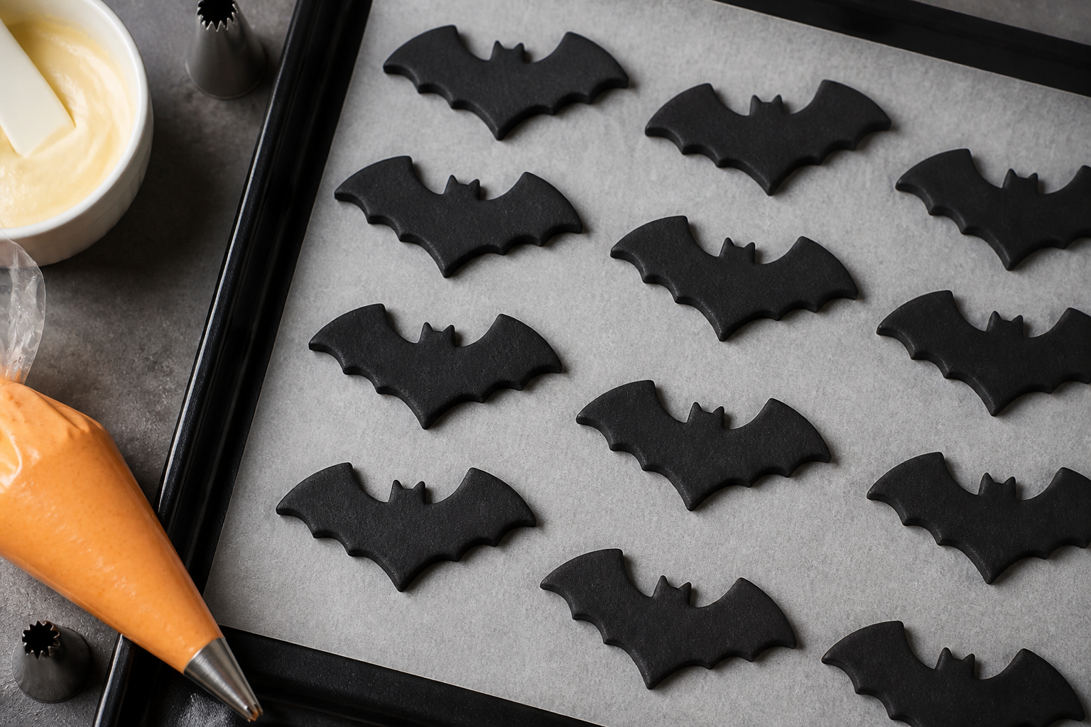 Top-down view of bat-shaped cookies after cutting and chilling, ready for baking