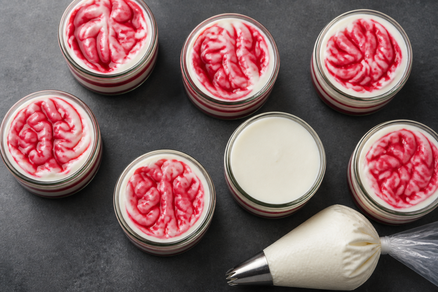 Top-down later stage: jars assembled with raspberry swirl and piping bag ready