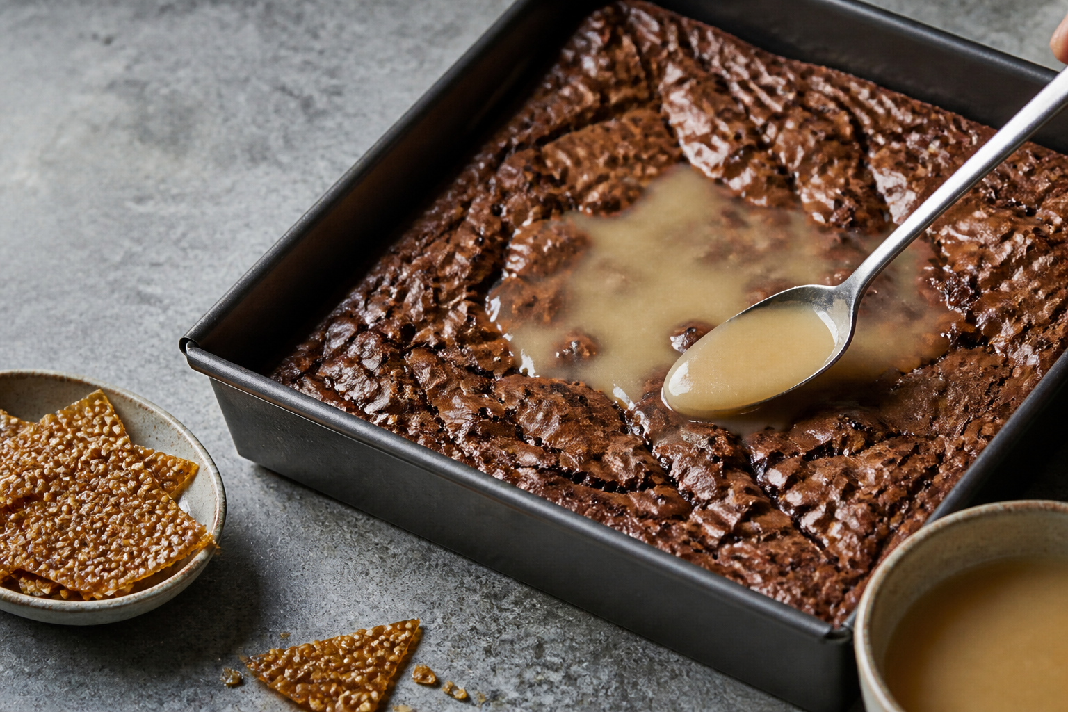 Warm baked brownies being glazed with thin maple-white miso for a glossy finish