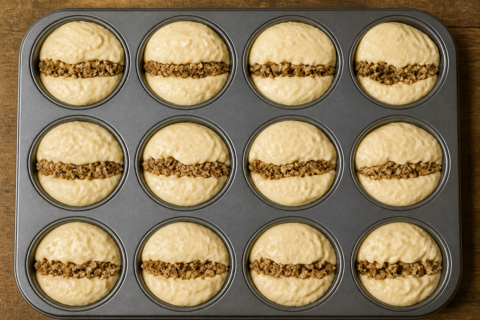 Assembled mini coffee cakes in the muffin tin with a visible cinnamon streusel ribbon layer before baking