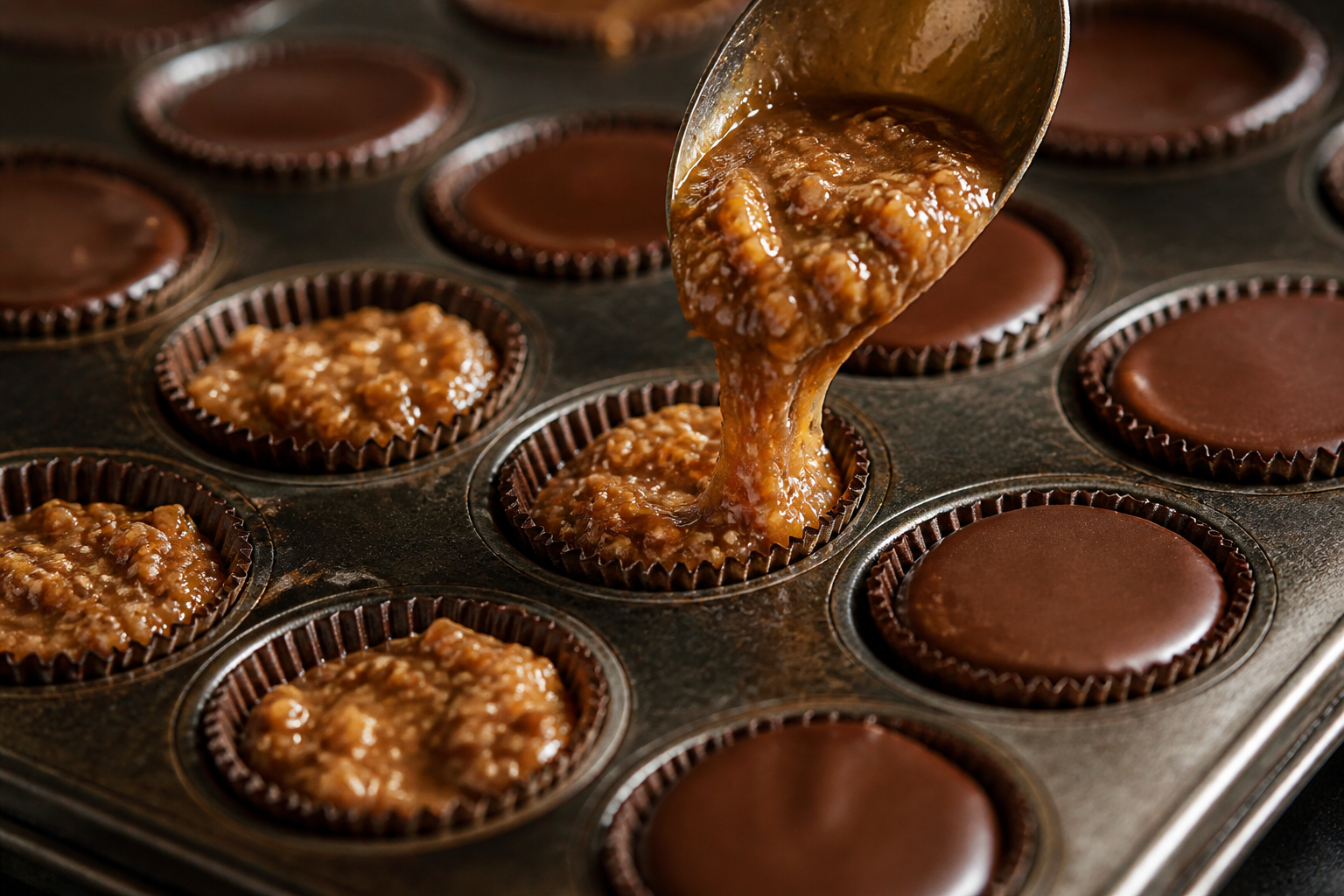 Assembly stage: brown-butter praline filling with cinnamon cereal crunch being spooned into set chocolate cups