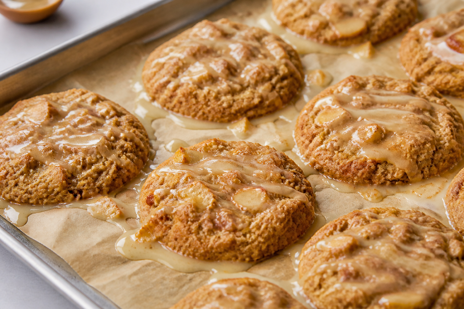 Thin maple glaze drizzled over baked brown butter apple oatmeal cookies
