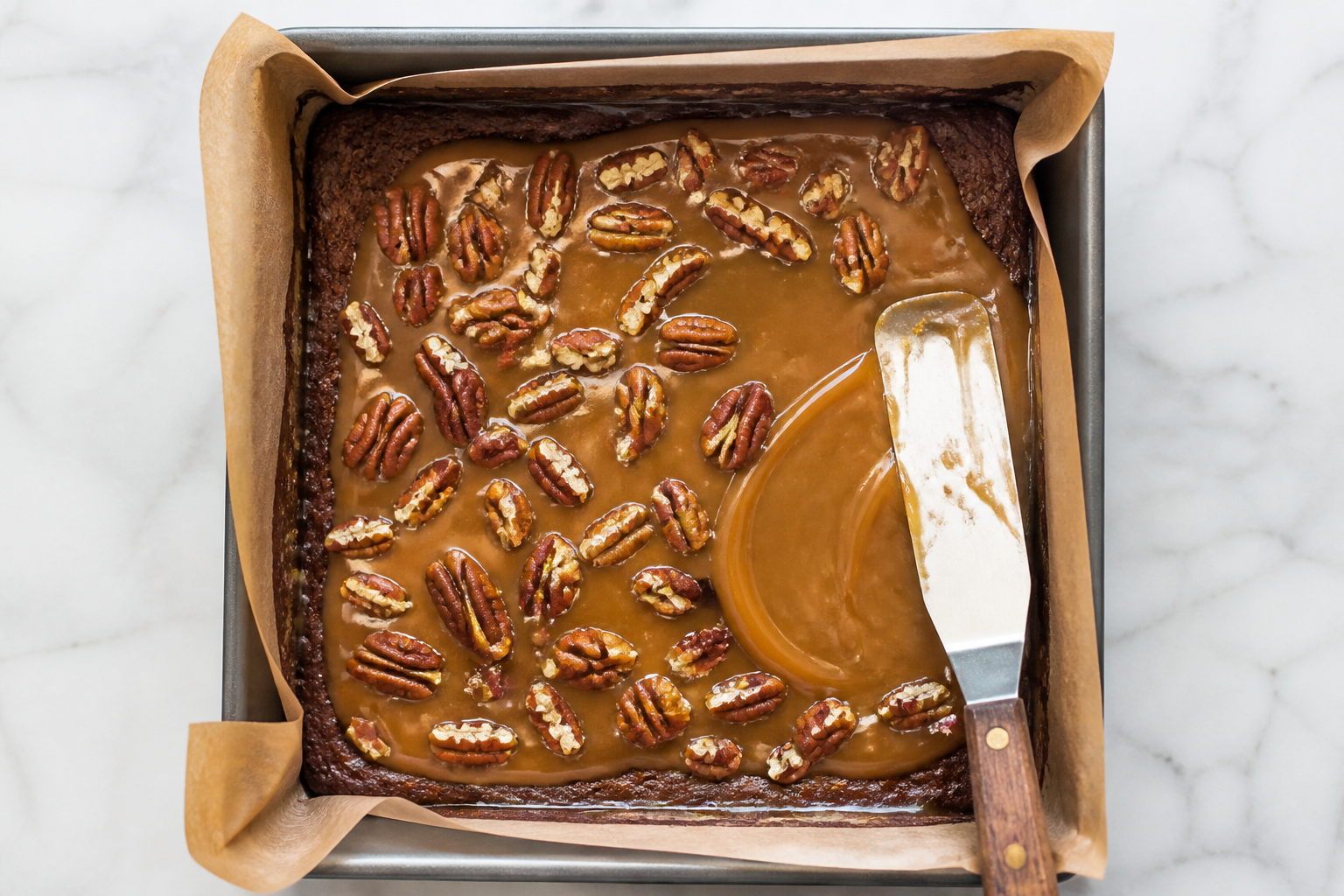 Top-down view of pecan pie brownie bars in the pan with topping being spread