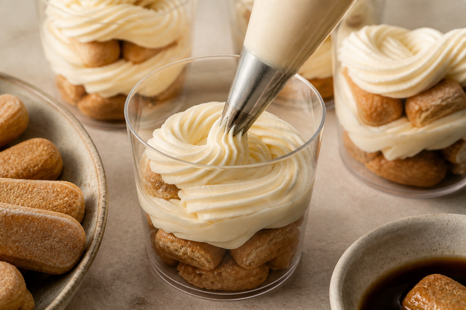 Maple mascarpone cream piped into swirls on top of the ladyfingers in the cups