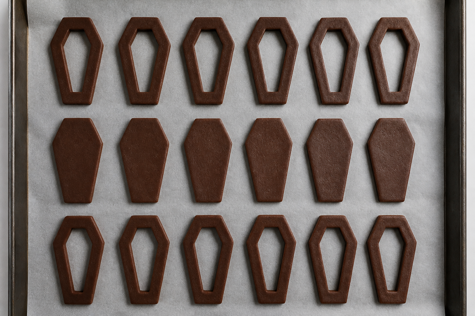 Coffin-shaped linzer cookies with window cutouts arranged on a baking tray before baking
