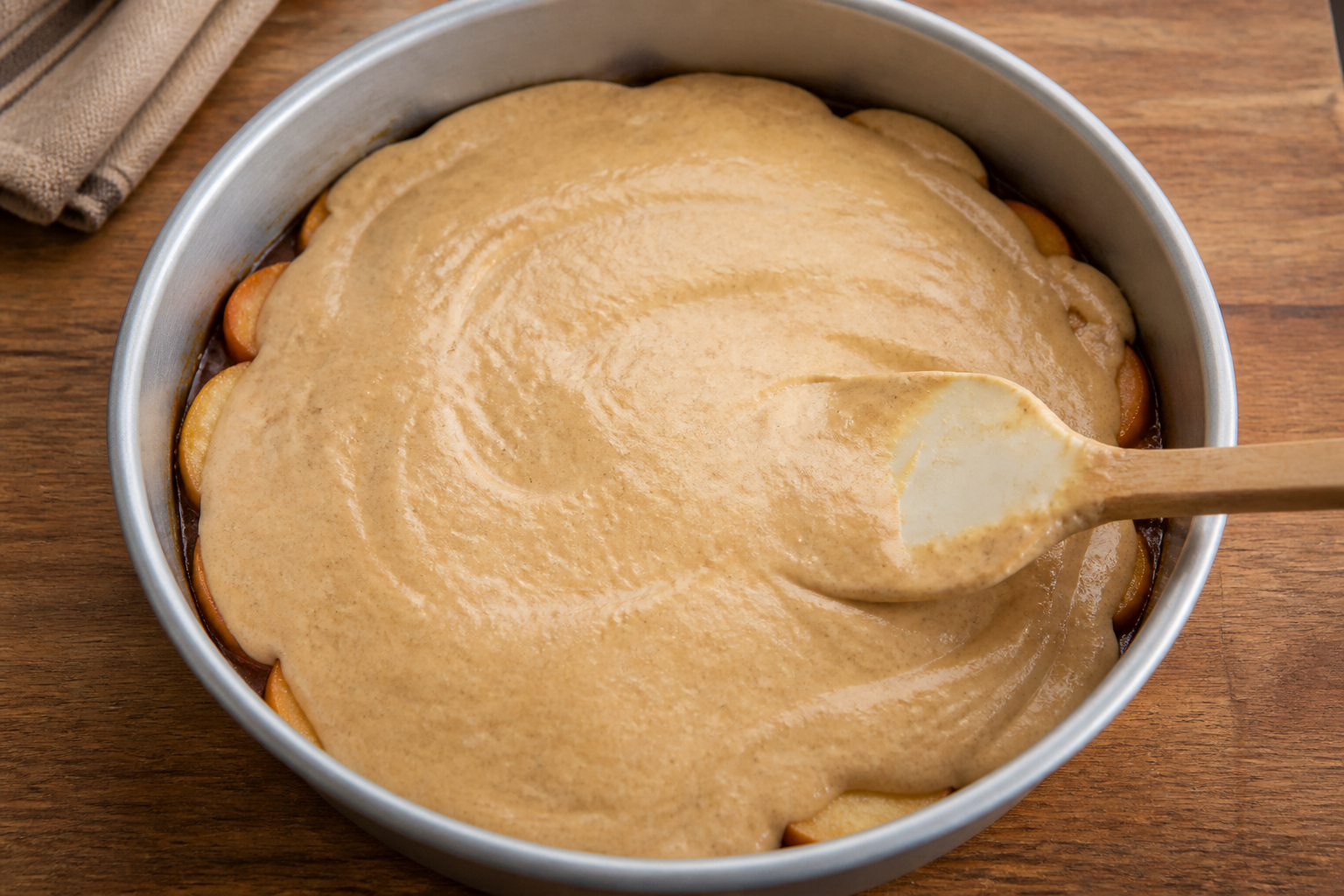 Cake batter spread over caramelized pears in the same pan before baking