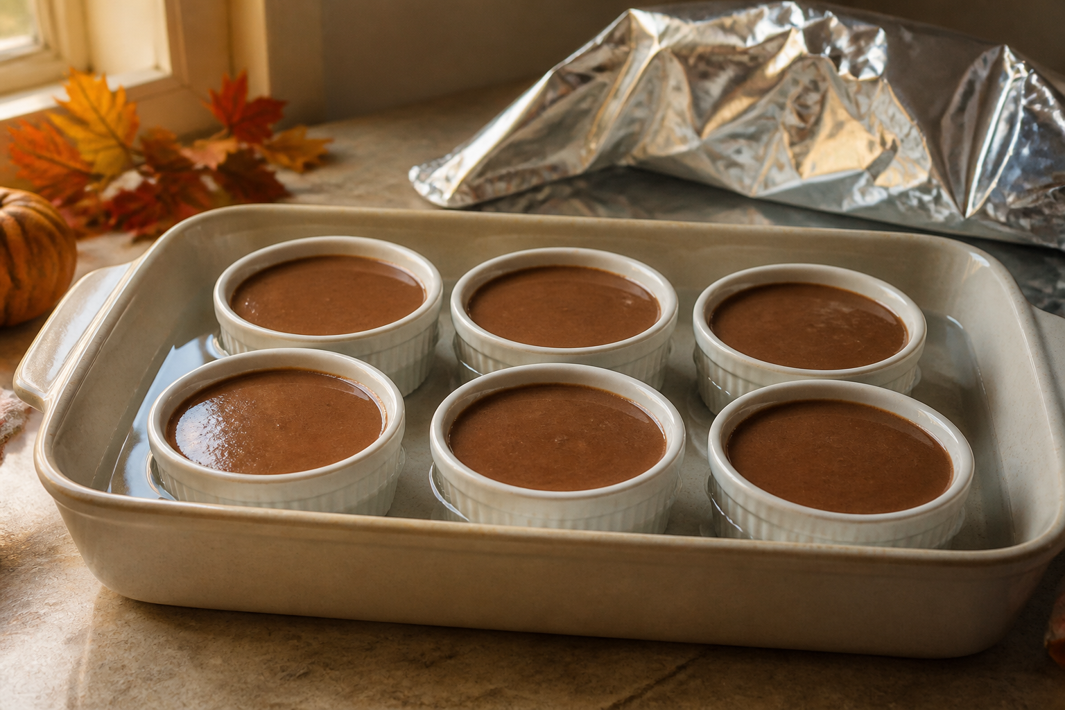 Filled ramekins placed in a water bath, ready to bake and then chill