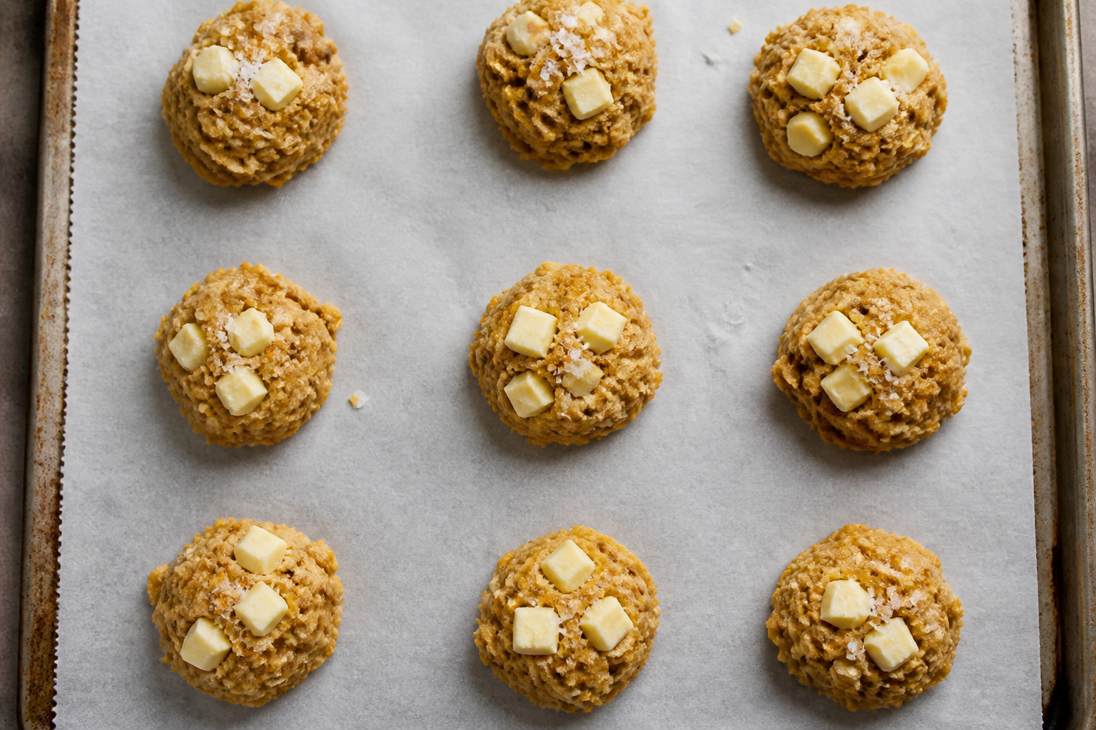 Scooped cookies with white chocolate chunks pressed on top and flaky sea salt ready to bake