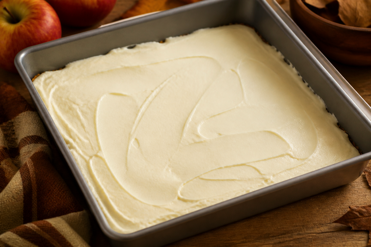 Spreading the no-bake cheesecake layer over the crust before adding apple-caramel topping