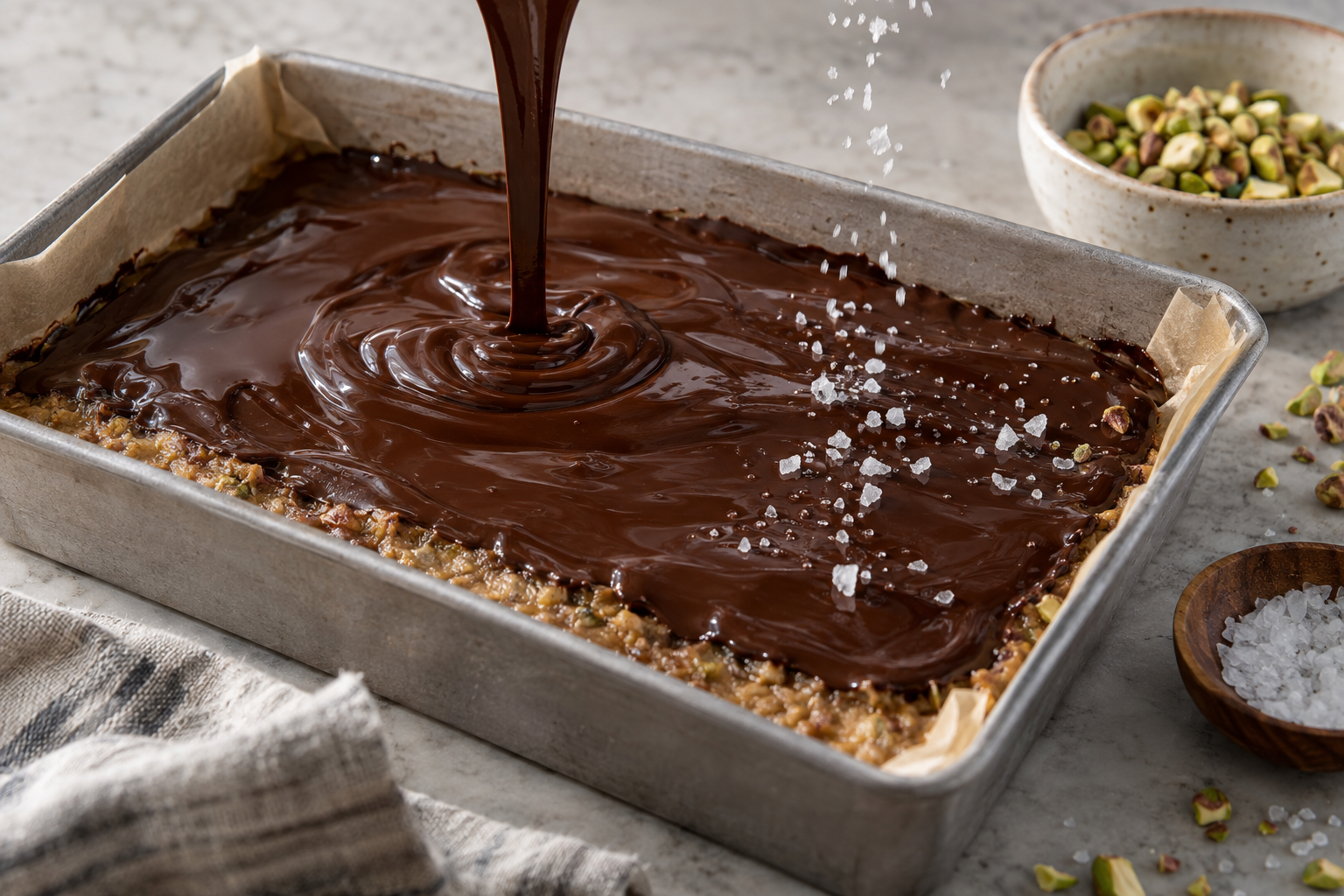 Melted dark chocolate being spread and topped with pistachios and flaky sea salt