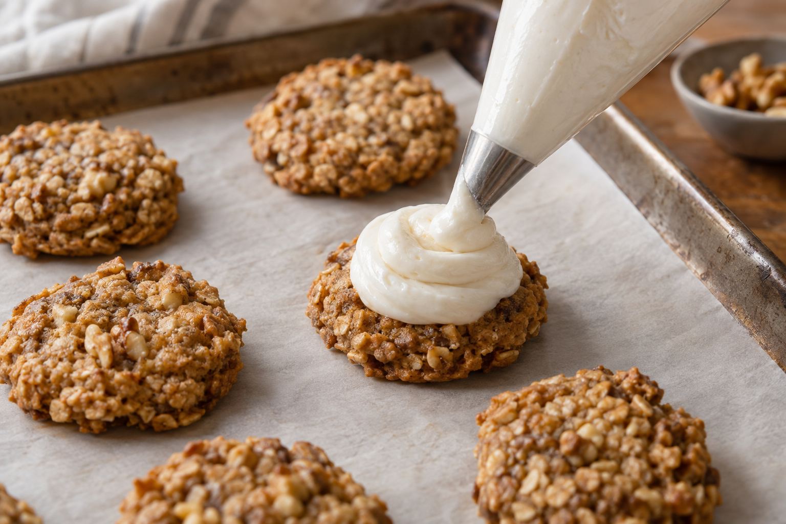Baked oatmeal cookie rounds ready for piping the stable vanilla marshmallow filling