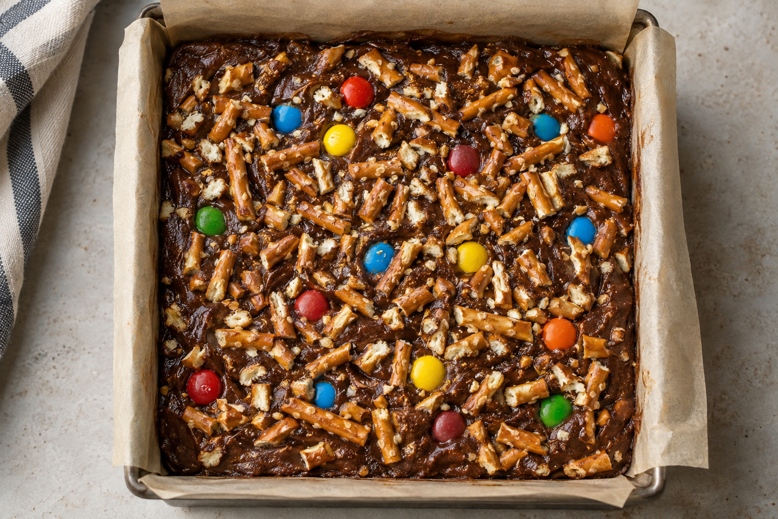 Assembled 8x8-inch pan with salted pretzel crunch pressed over brownies and a few candy pieces embedded, ready to bake