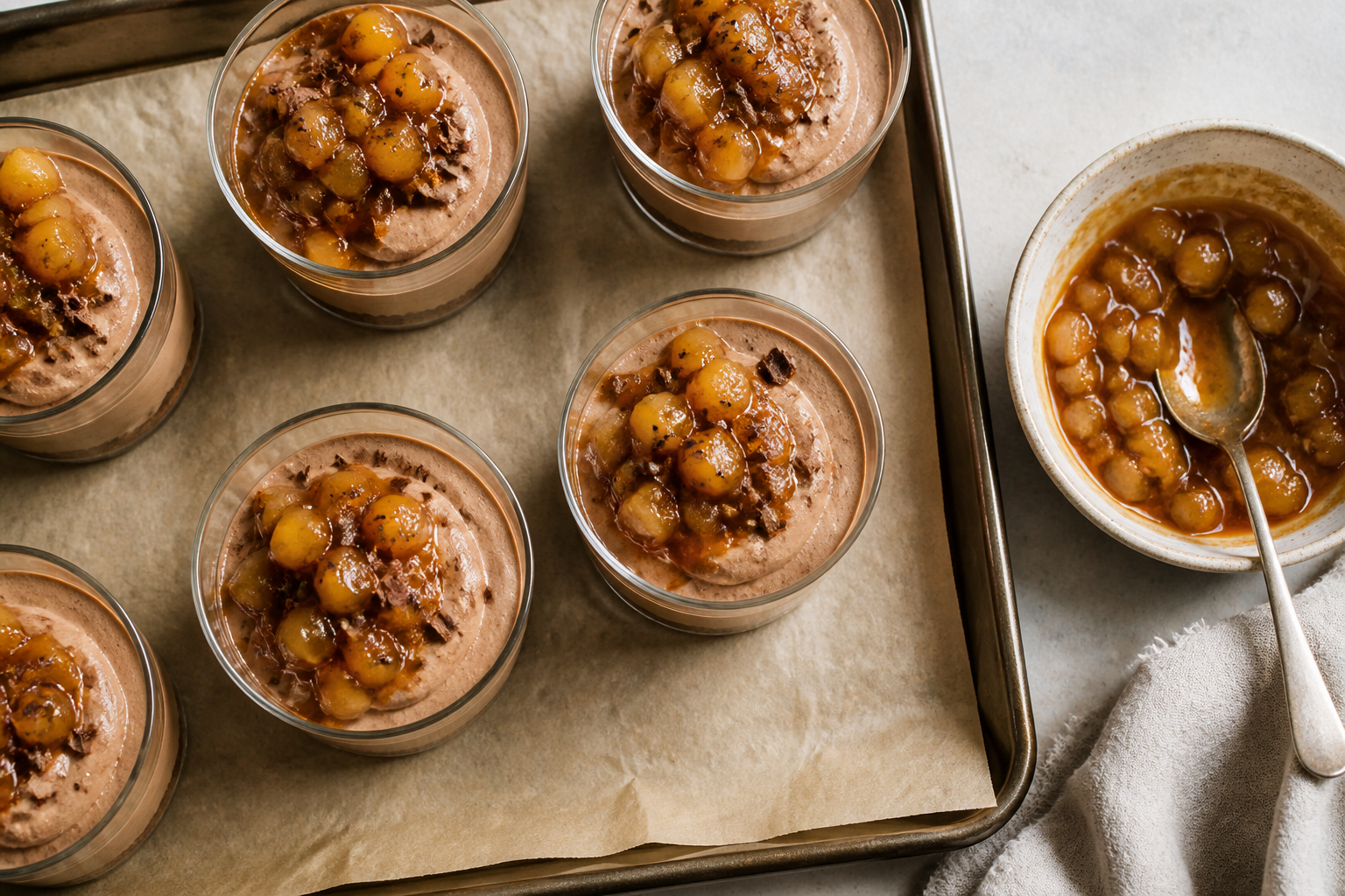 Top-down view of assembled caramel apple chocolate mousse cups