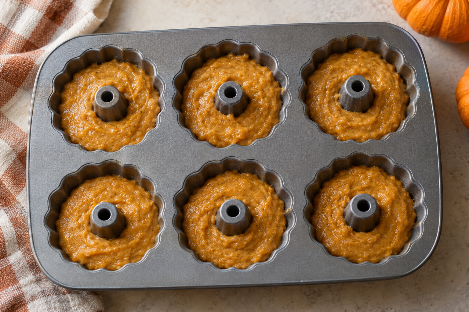 6-cavity mini Bundt pan filled with pumpkin-spice batter before baking mini jack-o’-lantern cakes