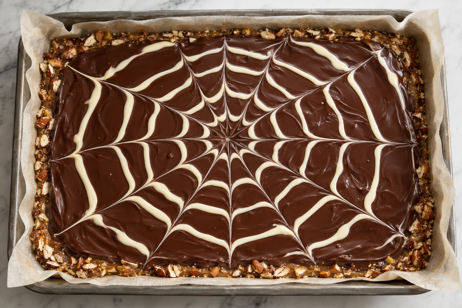Stage 2: 9×13 slab with dark chocolate spread and a partially finished white-chocolate spiderweb drawn from the center.