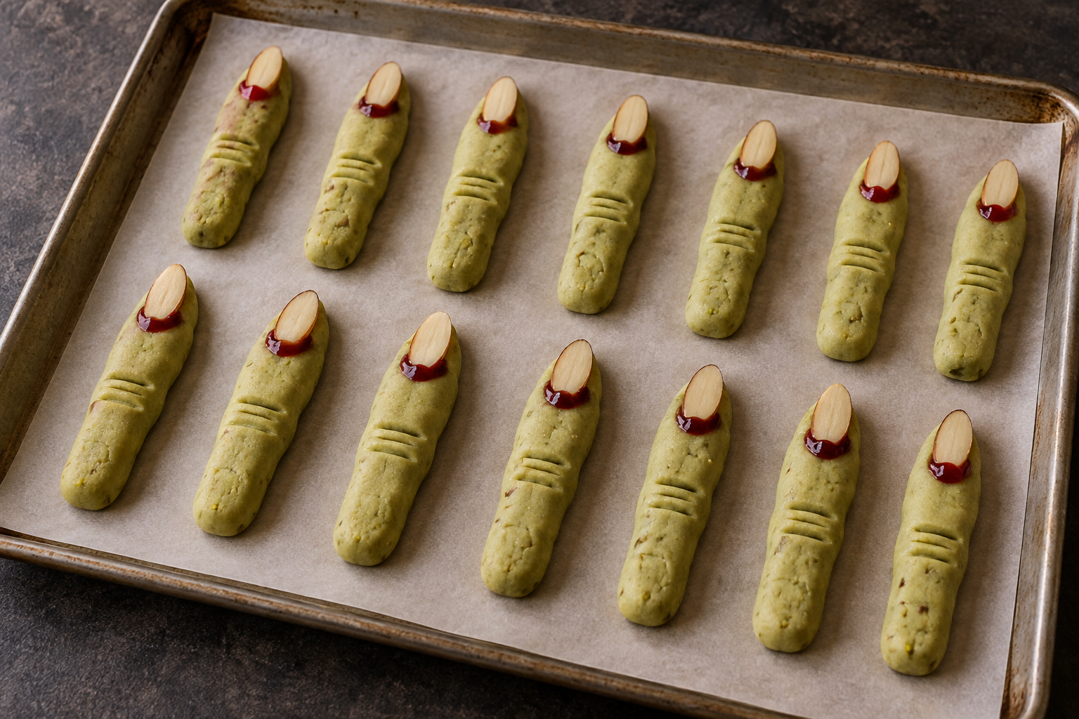 Assembled witch finger cookies: almond nail slices and tiny thick strawberry jam dots added before baking