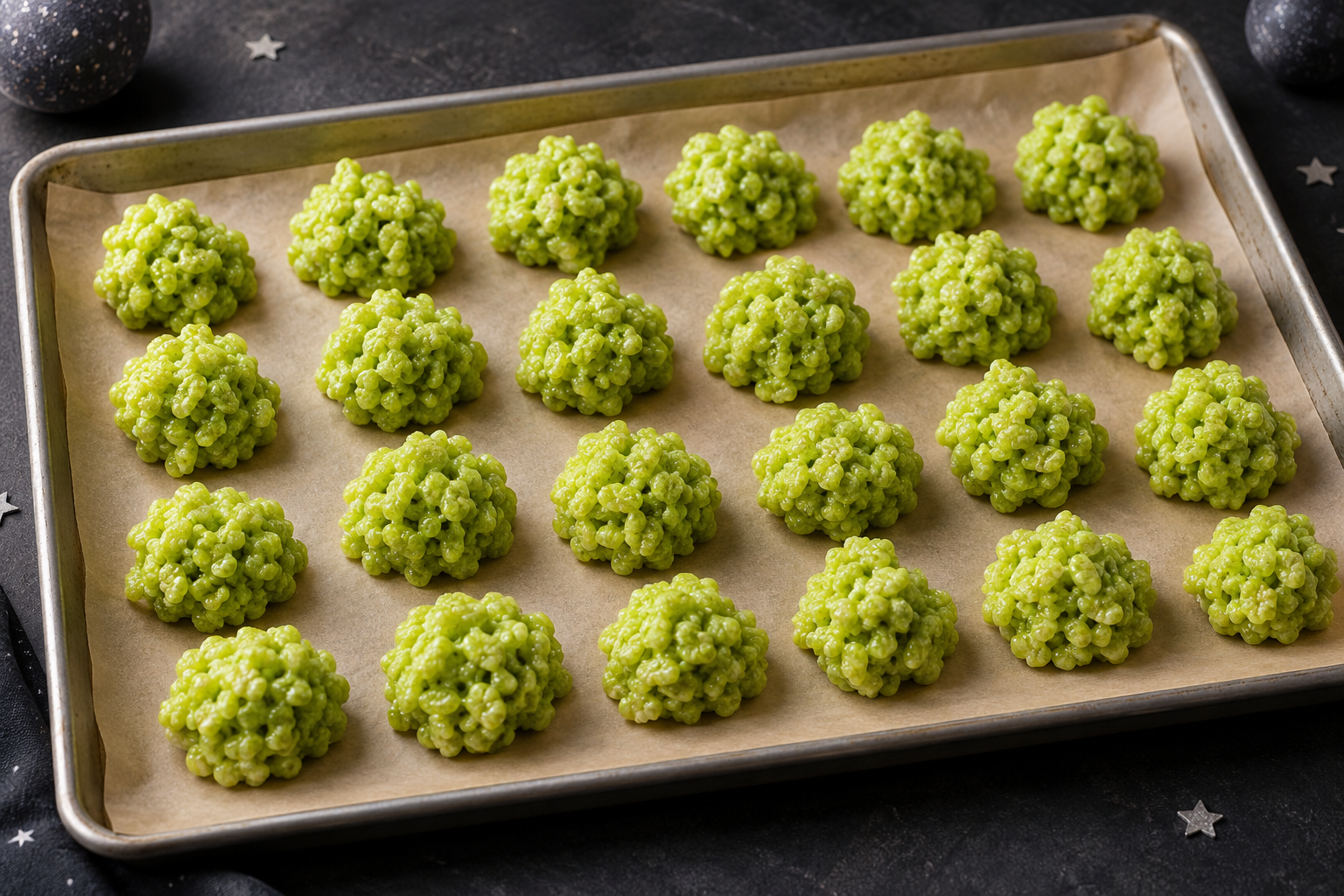 Neon lime-green slime-shaped bites set on parchment before purple drizzle (alien Rice Krispie treats stage)