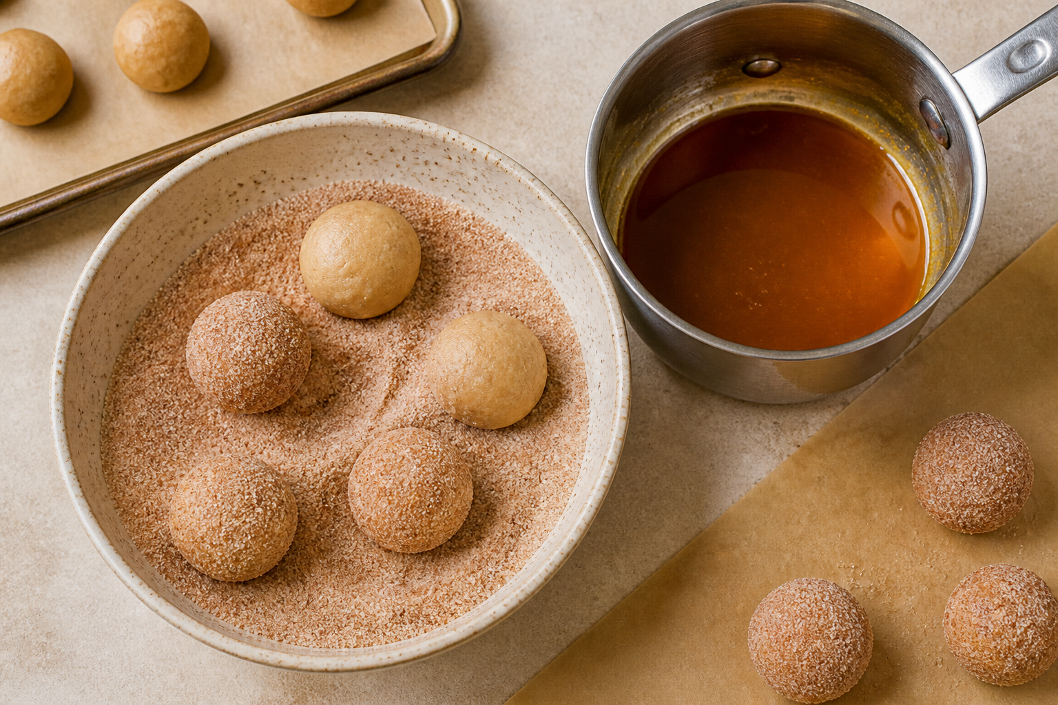 Top-down view of dough balls coated in cinnamon sugar with reduced cider nearby