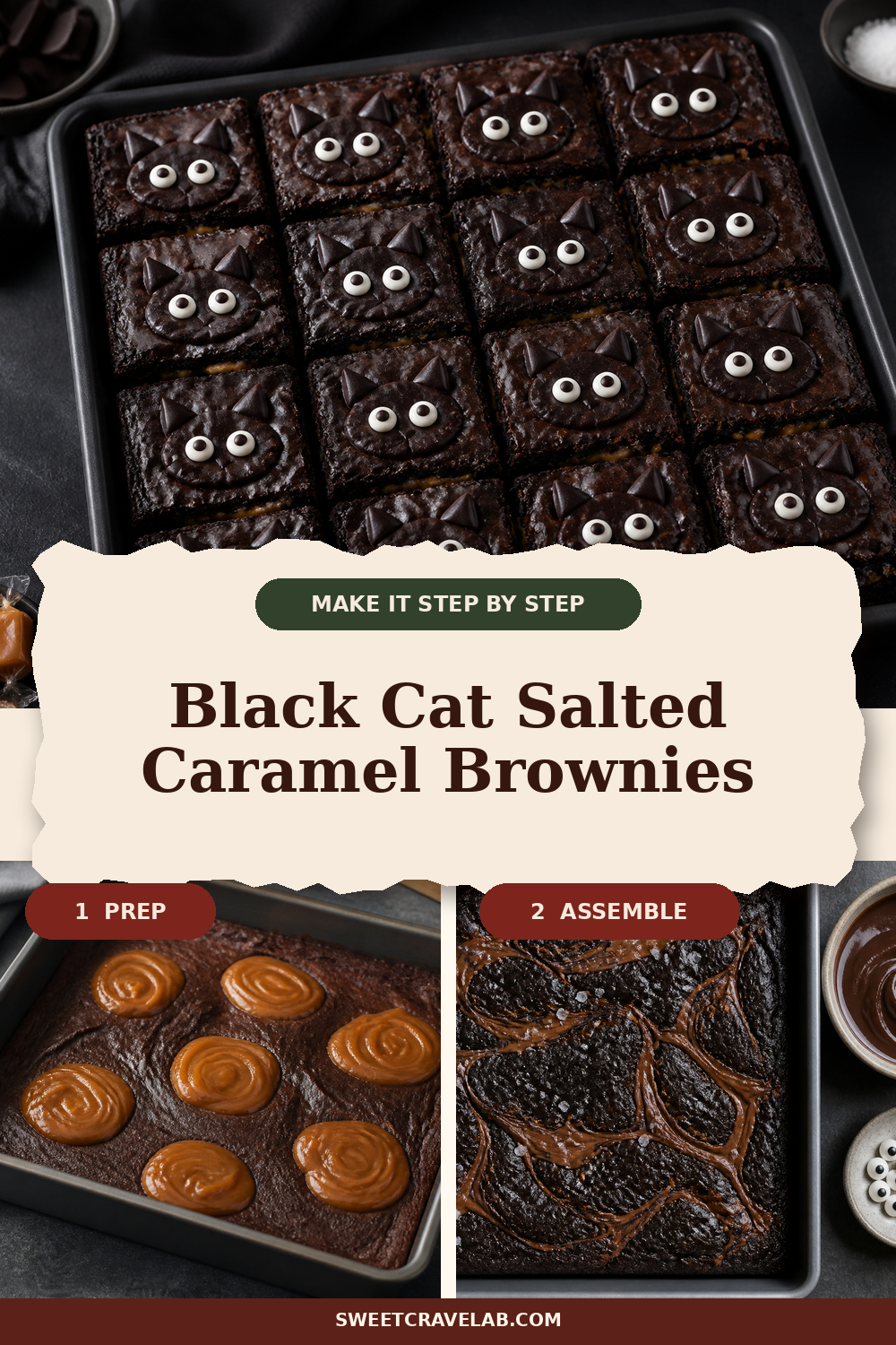 Easy elegant black cat brownies: salted caramel swirl topping