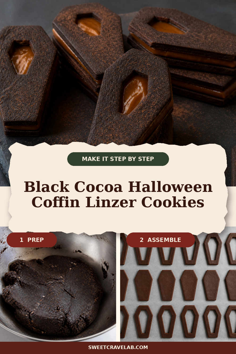 Spooky Halloween sandwich cookies with dulce de leche window cutouts