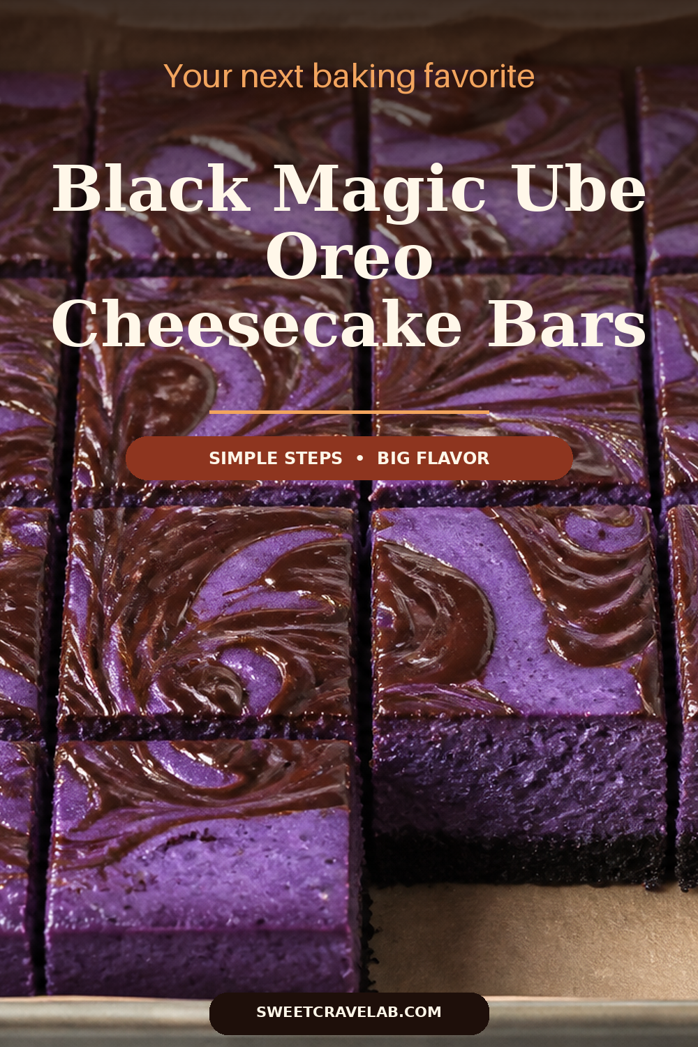 Halloween Ube Cheesecake Bars with Oreo Black Cocoa Crust