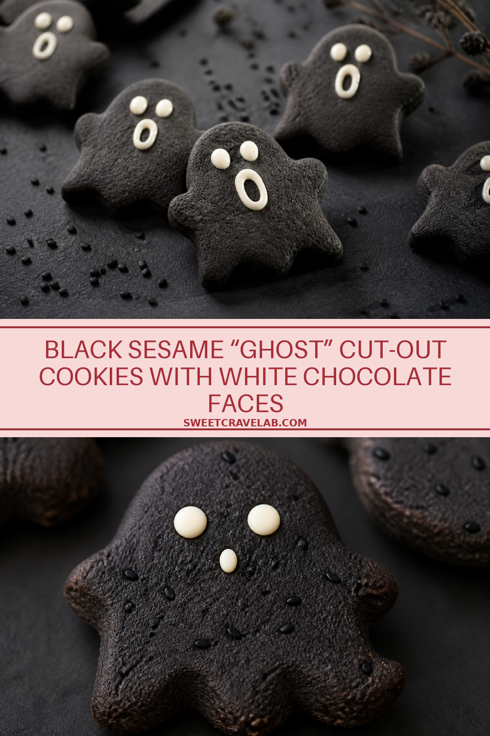 Black Sesame Ghost Cookies: White Chocolate Face Dots
