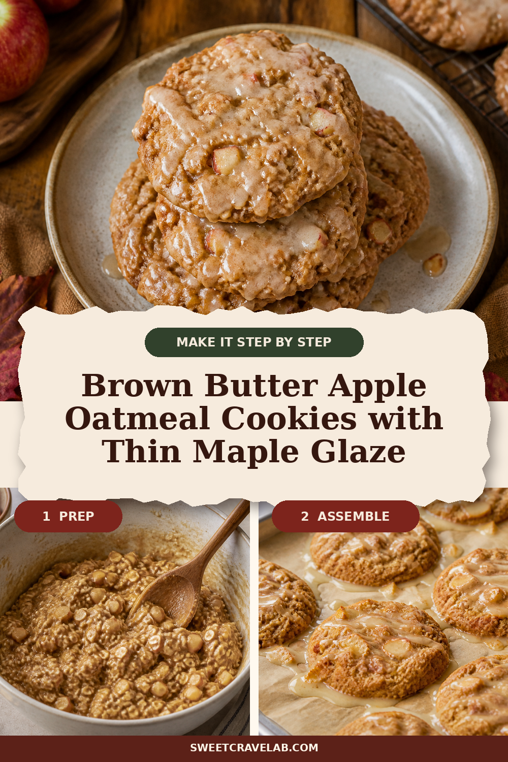 Reduced Applesauce Apple Oatmeal Cookies with Maple Drizzle
