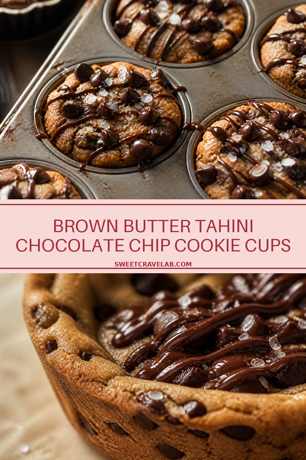 Brown Butter Tahini Chocolate Chip Cookie Cups in Muffin Tin