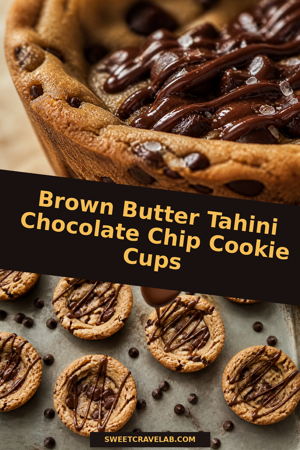Salted Tahini Chocolate Chip Cookie Cups with Cocoa Drizzle