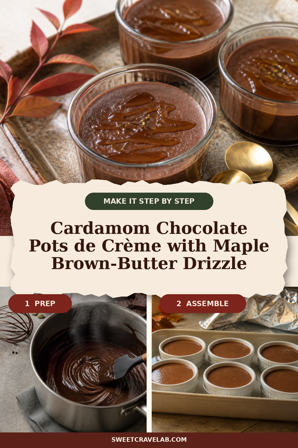Chocolate Pots de Crème with Cardamom + Maple Brown-Butter Drizzle