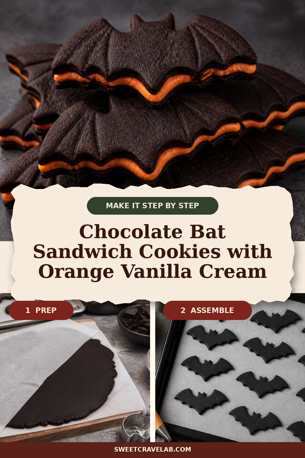 Black Cocoa Bat Cookies with Orange Vanilla Filling Sandwiches