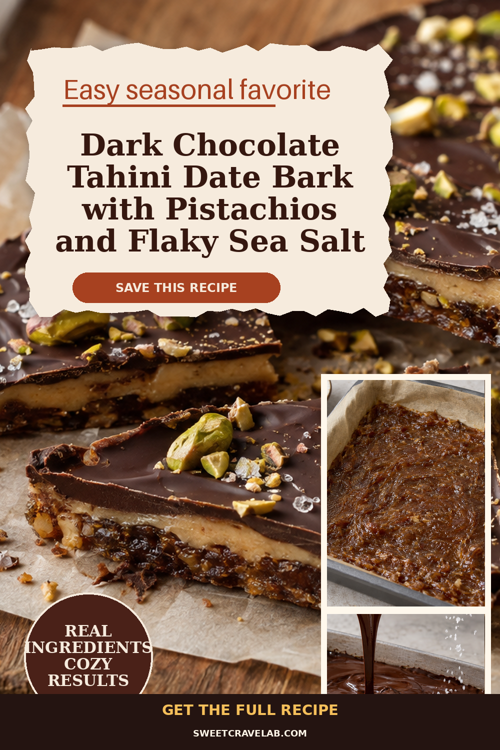 Dark chocolate tahini date bark with pistachios and flaky sea salt