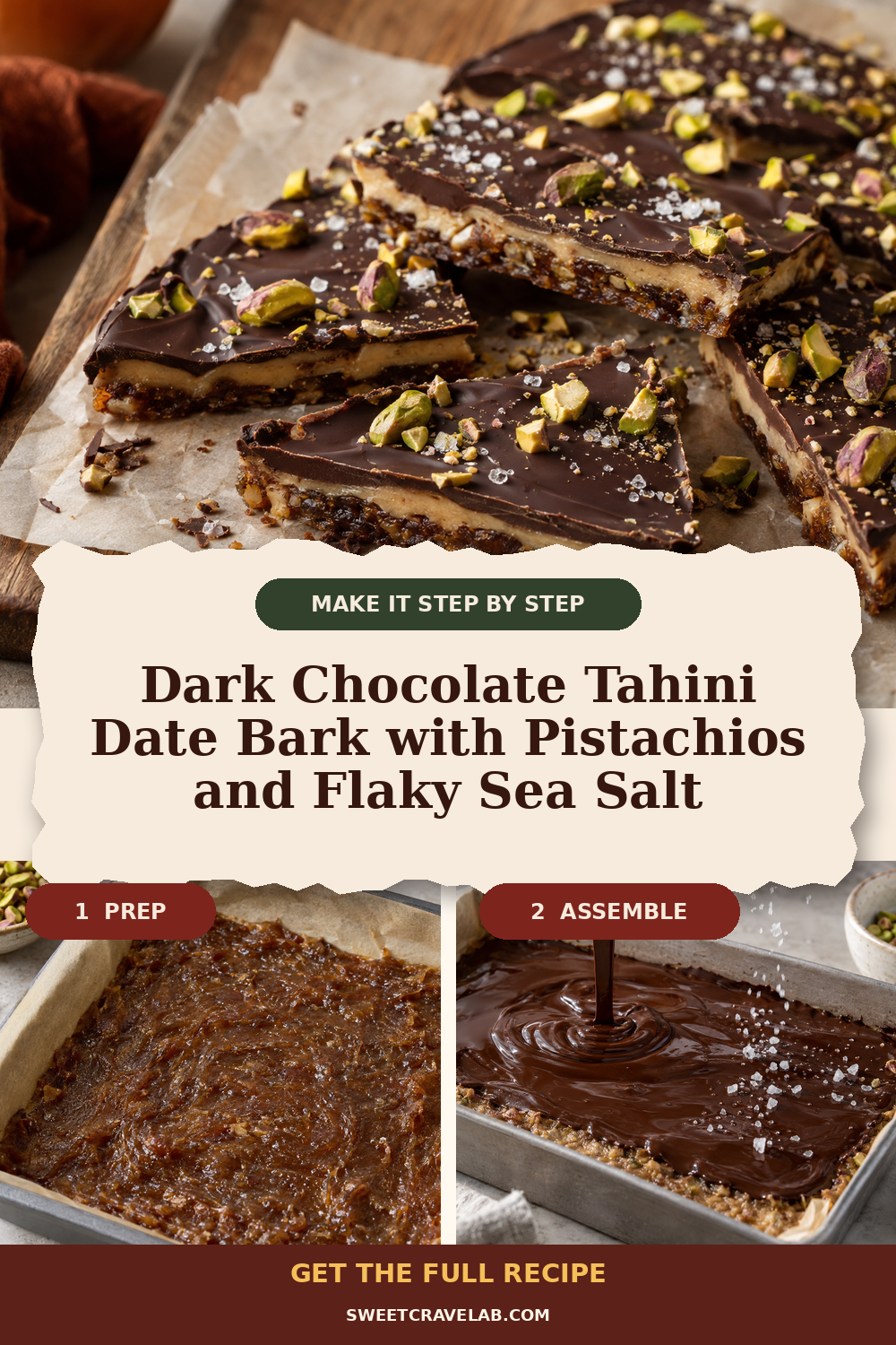 Glossy Dark Chocolate + Tahini Date Bark with Flaky Sea Salt