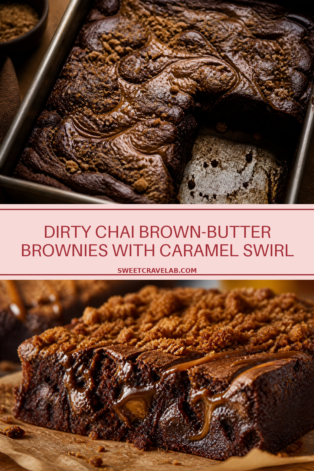 Dirty Chai Brownies with Caramel Swirl (Brown Butter Fudgy)