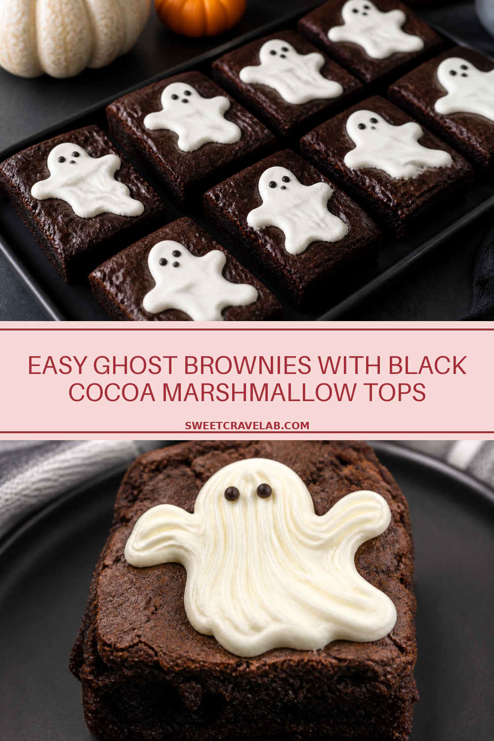 Easy Ghost Brownies: Black Cocoa + Marshmallow Ghost Tops