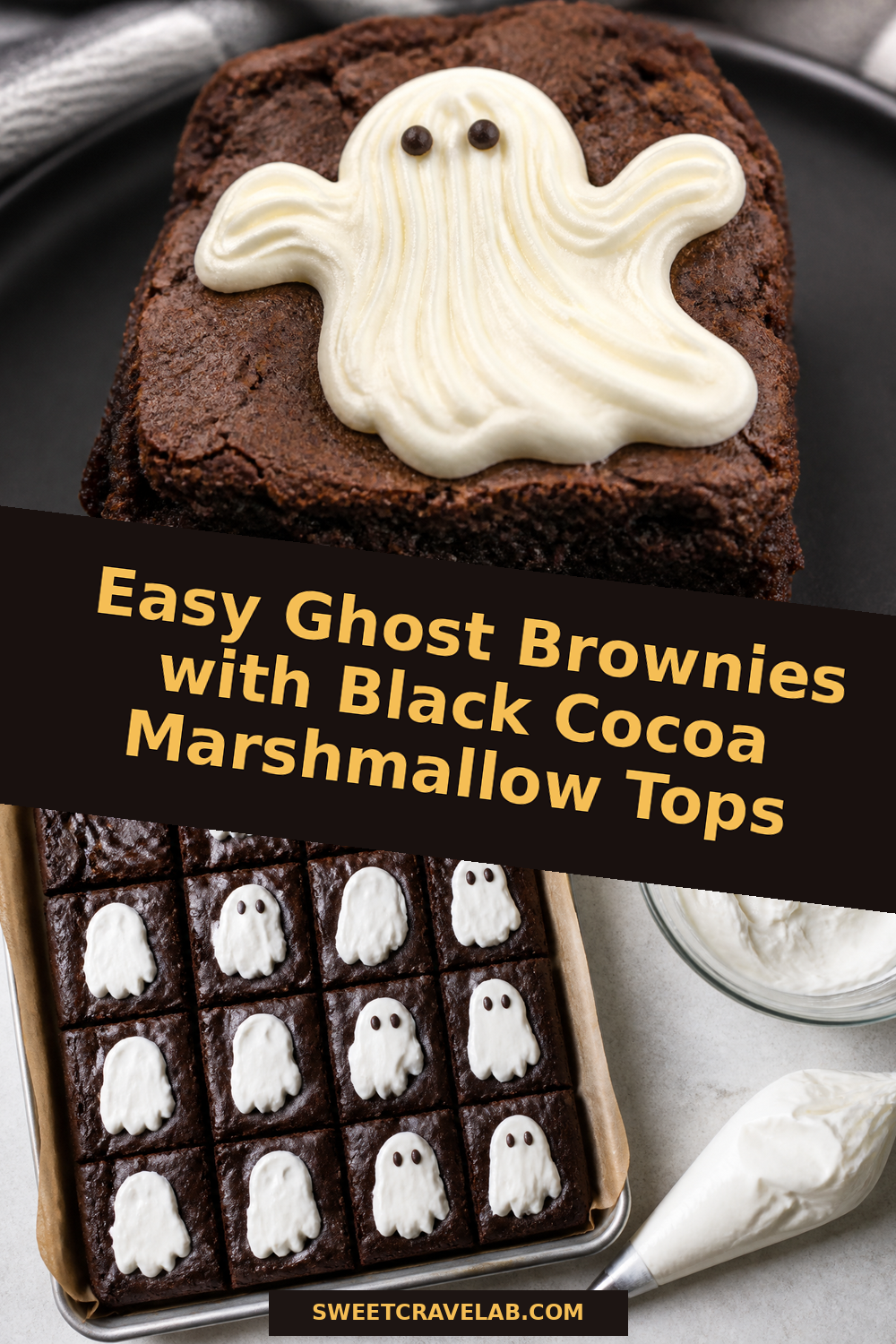 Halloween Ghost Brownies Recipe with Piped Marshmallow Silhouettes