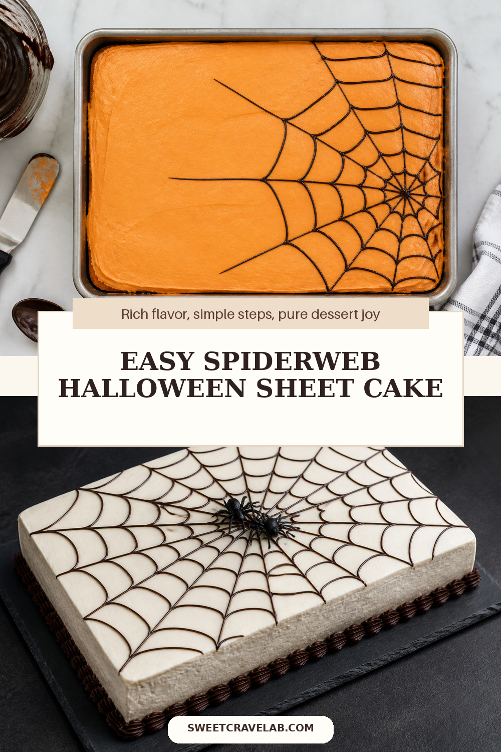 Halloween black cocoa sheet cake topped with candy spiders