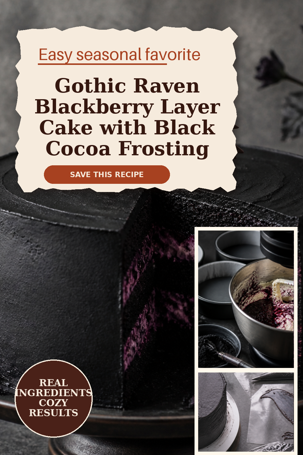 Gothic Raven Layer Cake with Black Cocoa Frosting