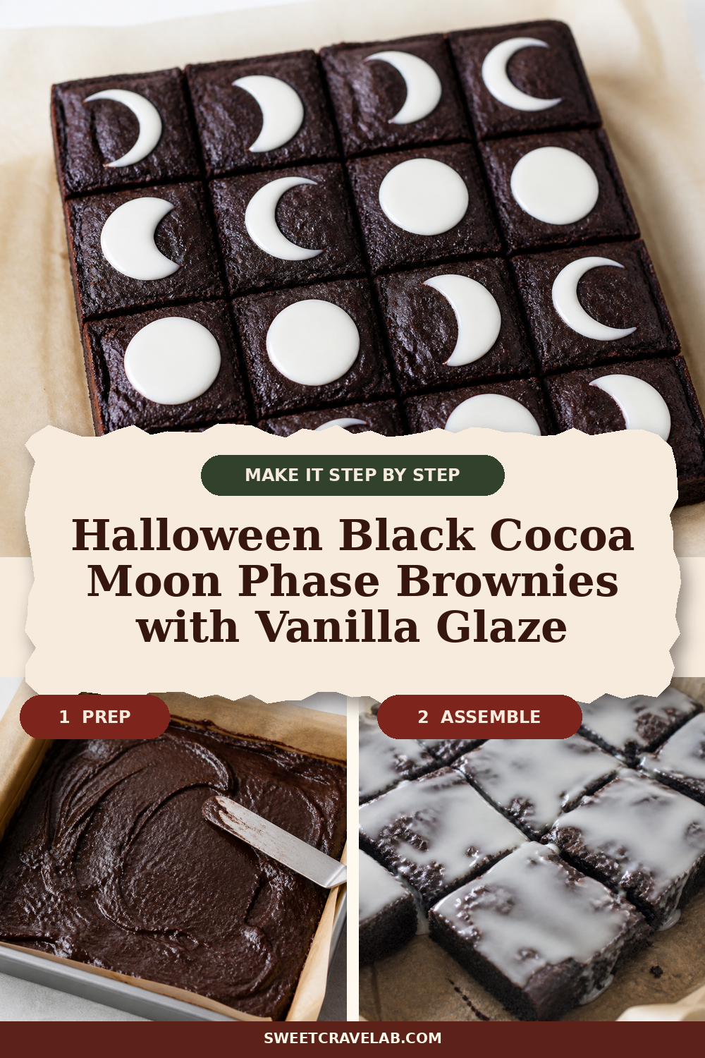 Easy piped glaze moons: black cocoa brownies for October parties