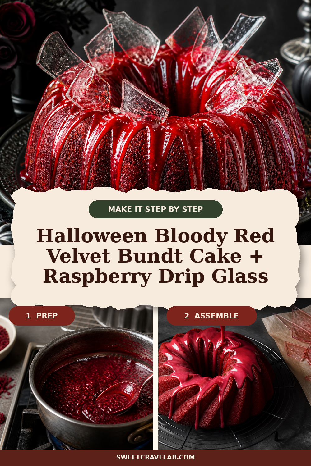 Edible Glass Shards Halloween Cake: Red Velvet Bundt Drip