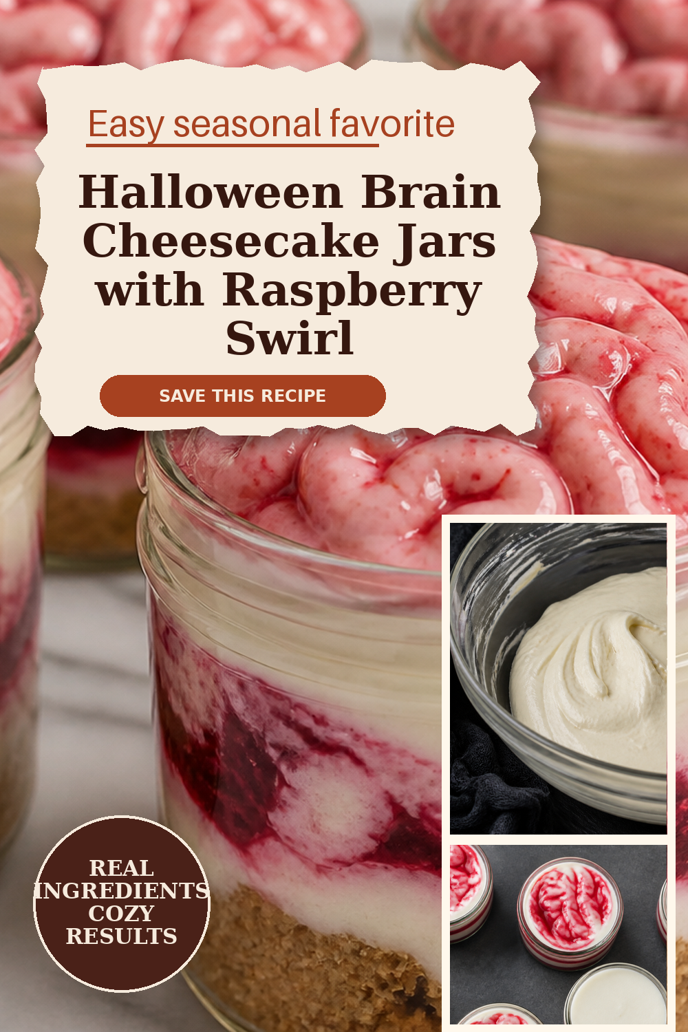 Halloween brain cheesecake jars with raspberry swirl