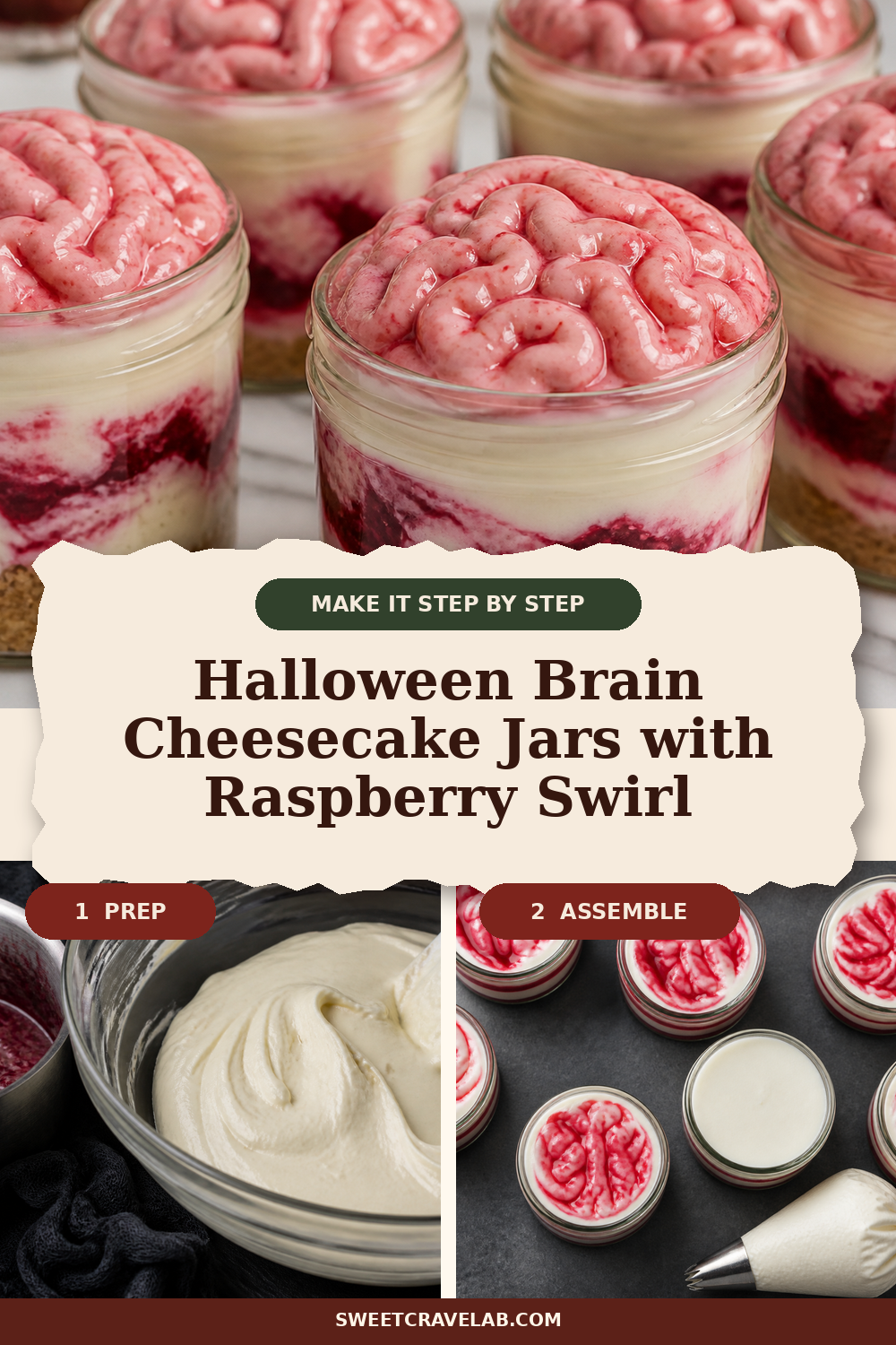 Raspberry swirl brain cheesecake jars for Halloween parties
