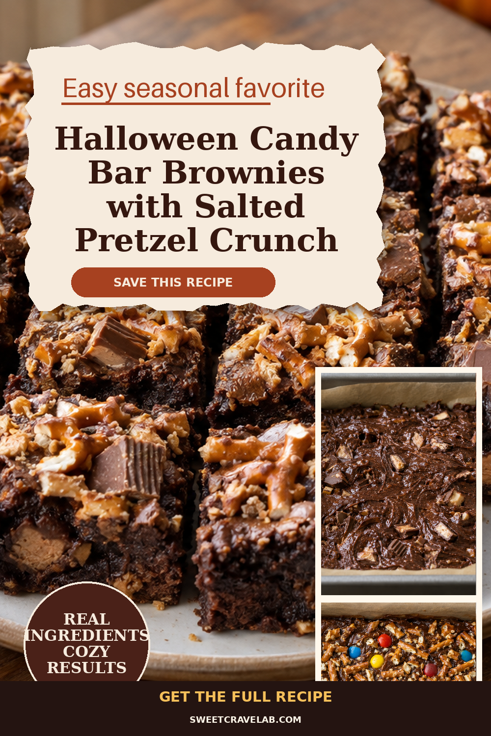 Halloween candy bar brownies with pretzel crunch topping