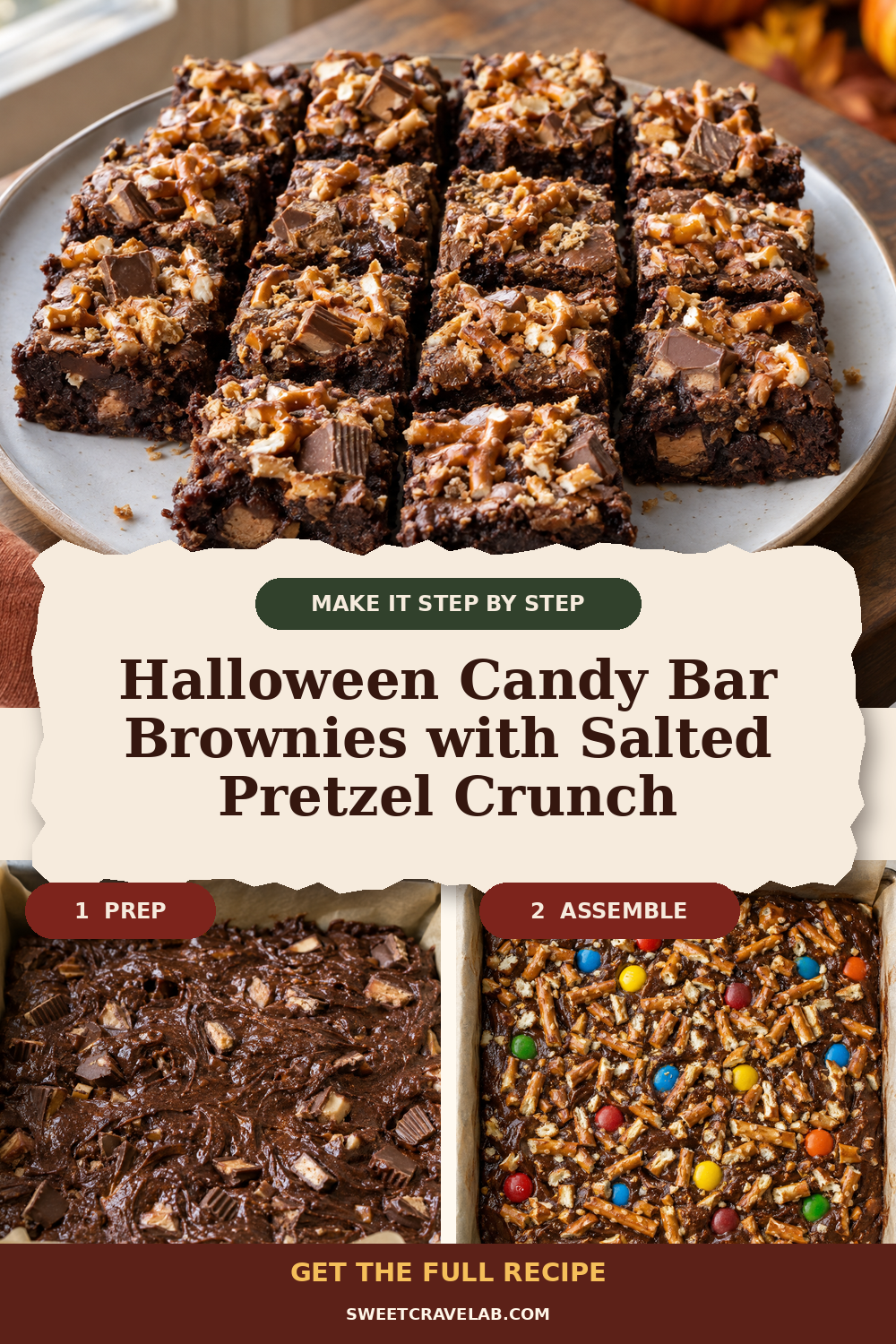 Easy Halloween candy bar brownies for parties and bake sales