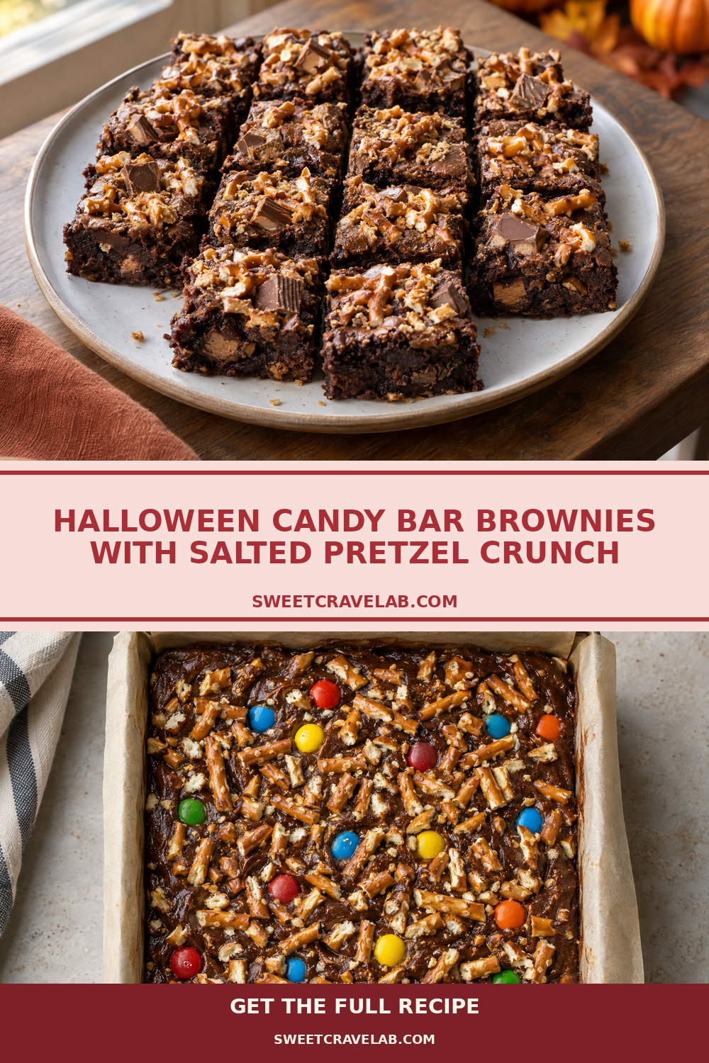 Leftover Halloween candy brownies with salty pretzel layer